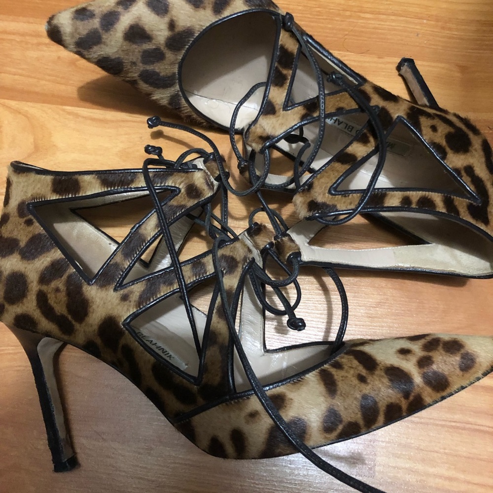 Manolo Blahnik Leopard Print Lace-Up Stiletto Heels